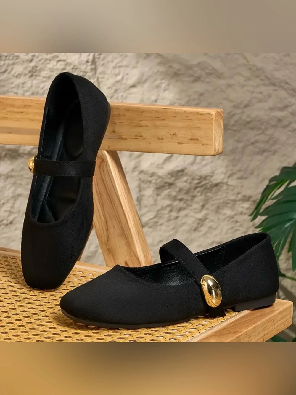 H&M Black Suede Mary Jane Flats with Gold Buckle size 11 NWT